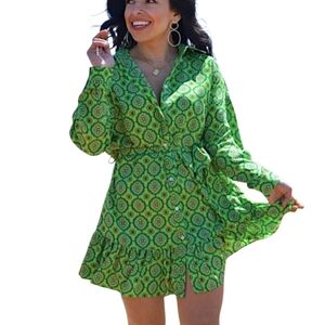 Zara, Onhand, Green Geometric Printed Ruffle Shift Dress, Size S Nwot